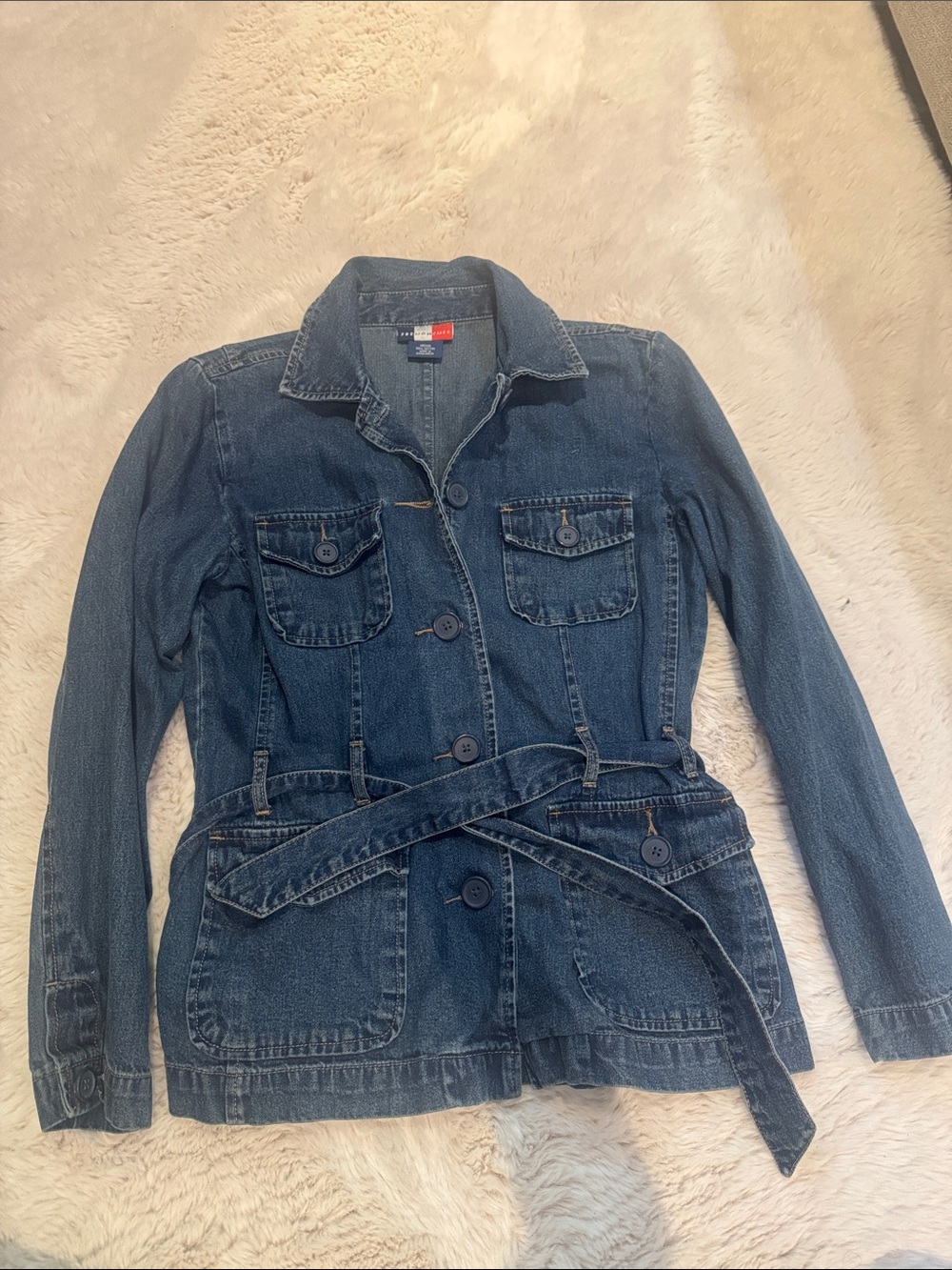 French Cuff Dark Blue Belted Denim Jacket